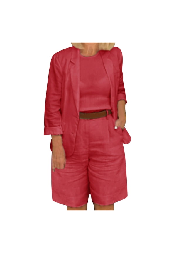 2 Piece Outfits for Women Work Blazer Sets 2 Piece Outfits Open Front Button up Jacket and Bermuda Shorts Suits Work Office Casual Sets with Pockets Red,XXXXL