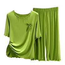 UPPADA 2 Piece Outfits for Women Two Piece Lounge Sets Casual Short Sleeve Knit Pullover Tops and Wide Leg Pants Army Green,L