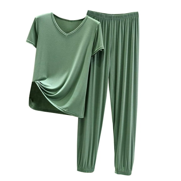 UPPADA 2 Piece Outfits for Women Two Piece Lounge Sets Casual Short Sleeve Knit Pullover Tops and Wide Leg Pants Army Green,XXL