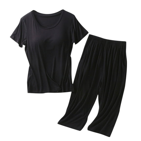 UPPADA 2 Piece Outfits for Women Two Piece Lounge Sets Casual Short Sleeve Knit Pullover Tops and Wide Leg Pants Black,XL