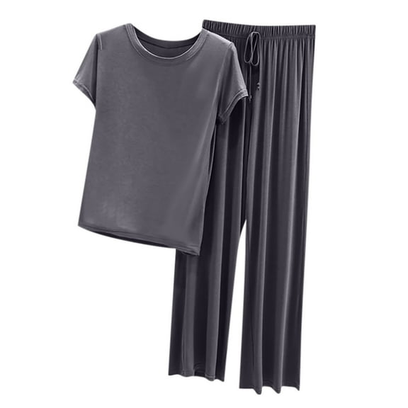 UPPADA 2 Piece Outfits for Women Two Piece Lounge Sets Casual Short Sleeve Knit Pullover Tops and Wide Leg Pants Gray,XXL