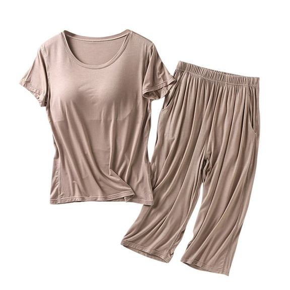 UPPADA 2 Piece Outfits for Women Two Piece Lounge Sets Casual Short Sleeve Knit Pullover Tops and Wide Leg Pants Khaki,XXXXL