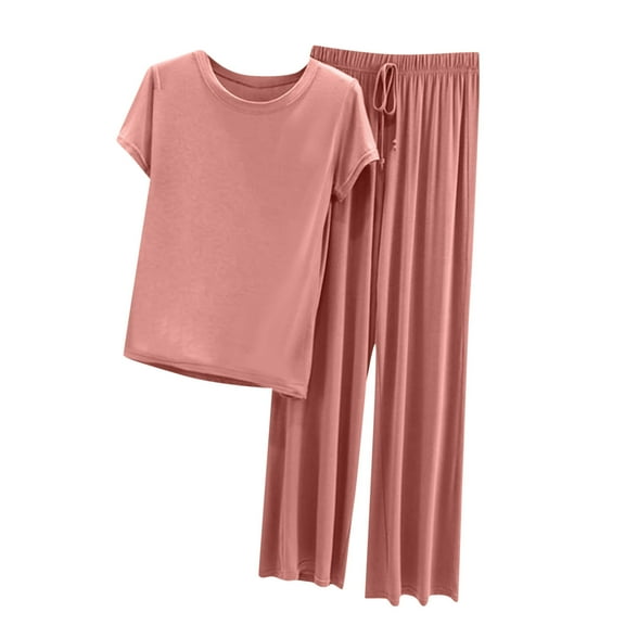 UPPADA 2 Piece Outfits for Women Two Piece Lounge Sets Casual Short Sleeve Knit Pullover Tops and Wide Leg Pants Pink,XXL