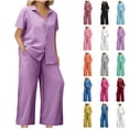 thumbnail image 1 of UPPADA 2 Piece Outfits for Womens Summer Outfits 2025 Dressy Casual Half Sleeve Button Down Shirt Wide Leg Pants Lounge Set Black,L, 1 of 7