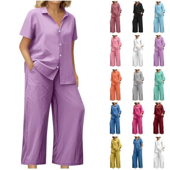 UPPADA 2 Piece Outfits for Womens Summer Outfits 2025 Dressy Casual Half Sleeve Button Down Shirt Wide Leg Pants Lounge Set Black,XL