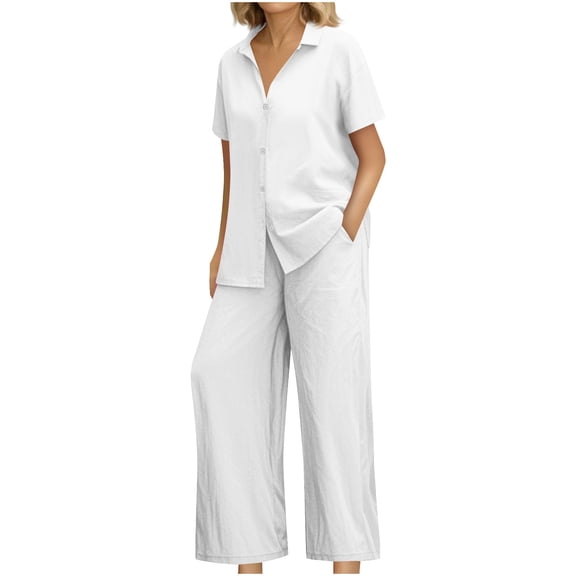 UPPADA 2 Piece Outfits for Womens Summer Outfits 2025 Dressy Casual Half Sleeve Button Down Shirt Wide Leg Pants Lounge Set White,S