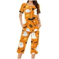 thumbnail image 1 of UPPADA 2 Piece Pajama Sets for Women Halloween Theme Pjs Short Sleeve Top and Long Pants Sleepwear 2pcs Loungwear Pjs Set Fall Winter Sleepwear Orange,L, 1 of 4
