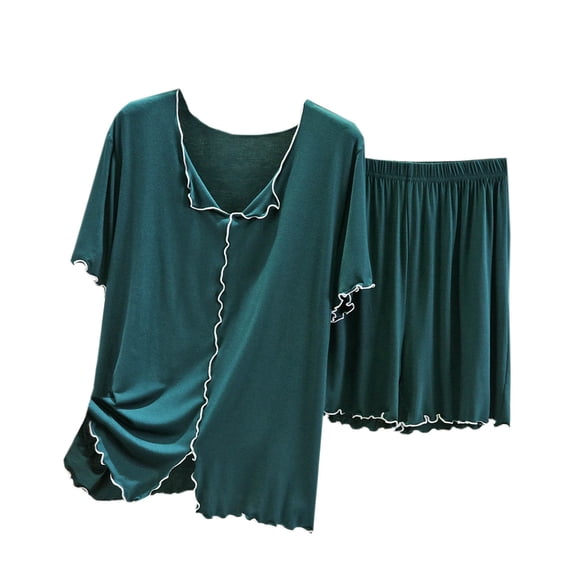 UPPADA 2 Piece Pajamas for Women Silk Cotton Pjs Nightwear V Neck Short Sleeve Tops and Shorts Set Comfy Matching Sets with Pocket Army Green,XL