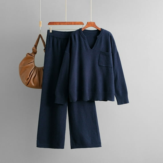UPPADA 2 Piece Pants Set for Women Dressy Casual Knit Lounge Set Fall Outfits Ladies Loungewear and Sleepwear V Neck Sweatshirts and Wide Leg Pants Dark Blue,Free Size