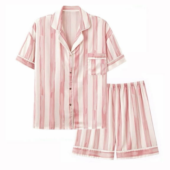 UPPADA 2 Piece Pj Set for Women Stripe Button Down Shirt and Shorts Matching Sets Casual V Neck Loungewear Outfit with Chest Pocket Pink,L