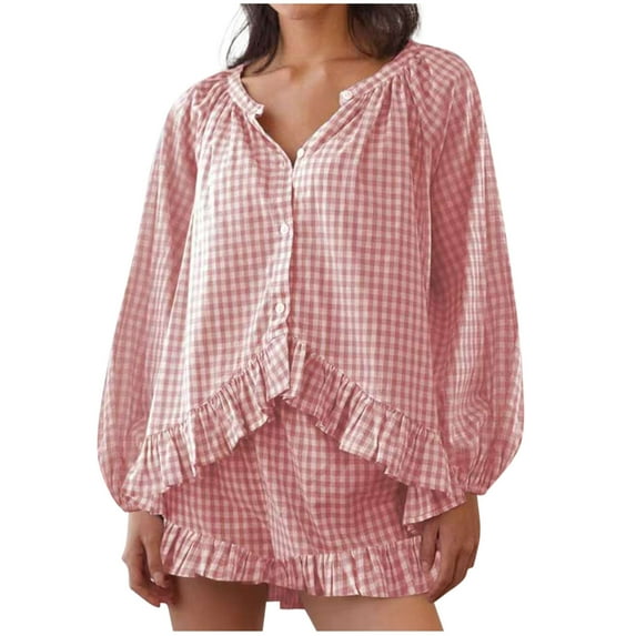 UPPADA 2 Piece Pj Set for Women Stripe Button Down Shirt and Shorts Matching Sets Casual V Neck Loungewear Outfit with Chest Pocket Pink,L