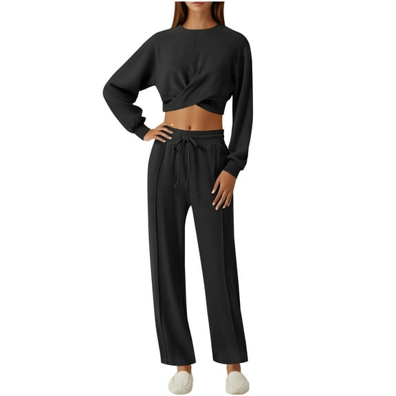 UPPADA 2 Piece Ruffle Sets for Women,Womens 2 Piece Set Hooded Sweatsuits and Pants Trendy Loungewear Sets Ladies Casual Two Piece Outfits with Pockets Black,M