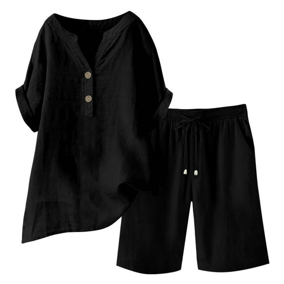 UPPADA 2 Piece Set for Women Casual,Women 2 Piece Outfit Cotton Linen Short Sleeve Oversized Shirts and Shorts Sweatsuit Set Black,L