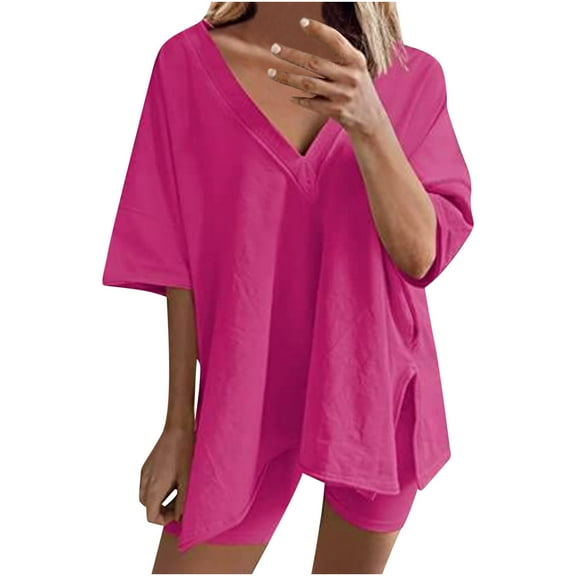 UPPADA 2 Piece Set for Women Casual,Women 2 Piece Outfit Cotton Linen Short Sleeve Oversized Shirts and Shorts Sweatsuit Set Hot Pink,M