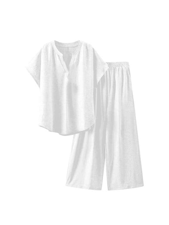 Womens Summer 2 Piece Outfits Vacation Two Piece Outfits Sets Vacation Summer Sets Crewneck Short Sleeve Shirts and Pants Set White,XXL