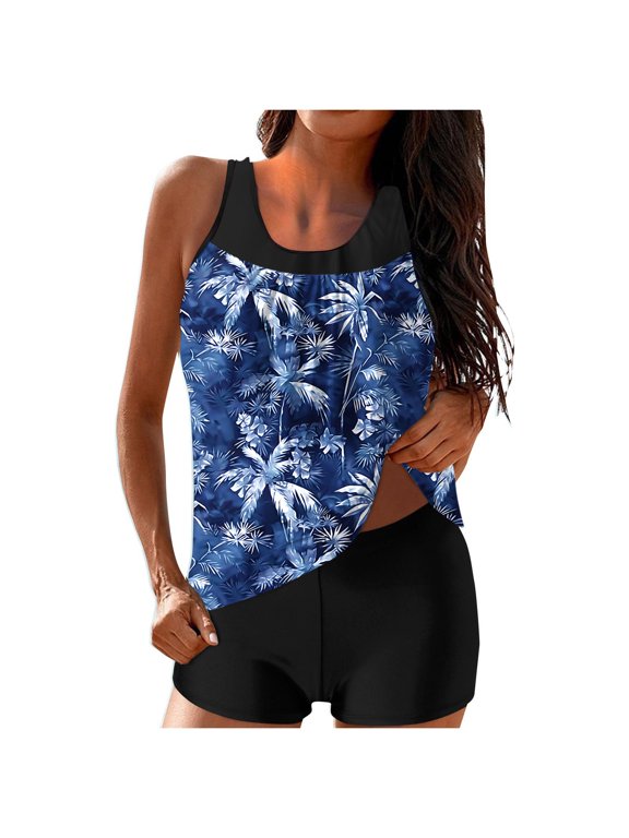 2 Piece Sets Swimsuit for Women Floral Printed Modest Two Piece Bathing Suits Tankini Cute Ruffle Tops with Skirts Loose Fit Bathing Suit for Women Clearance,Dark Blue,M