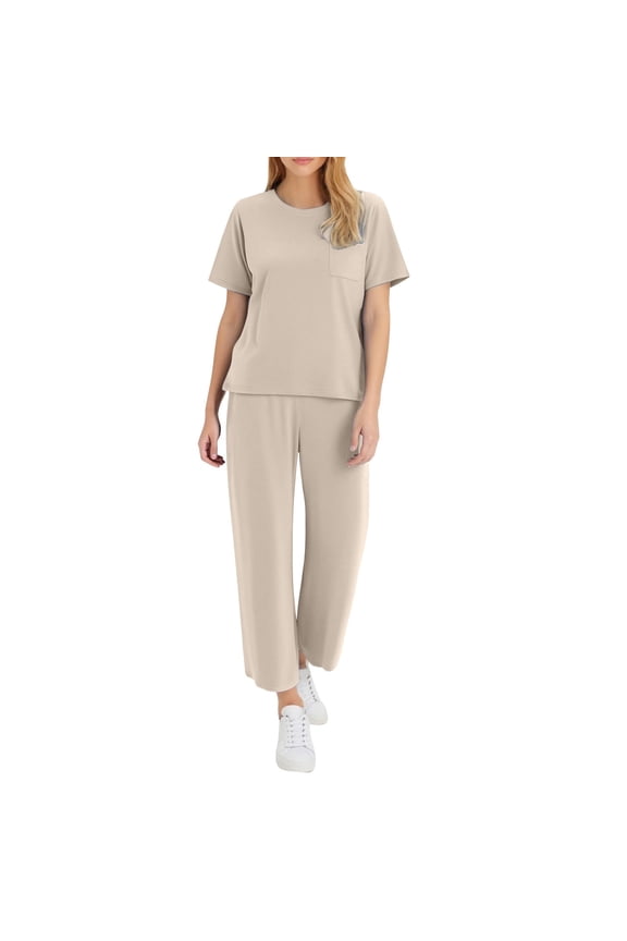 2 Piece Sets for Women Casual Summer Travel Vacation Outfits Short Sleeve Wide Leg Crop Pants Lounge Sets Dressy 2 Pieces Outfit Beige,S