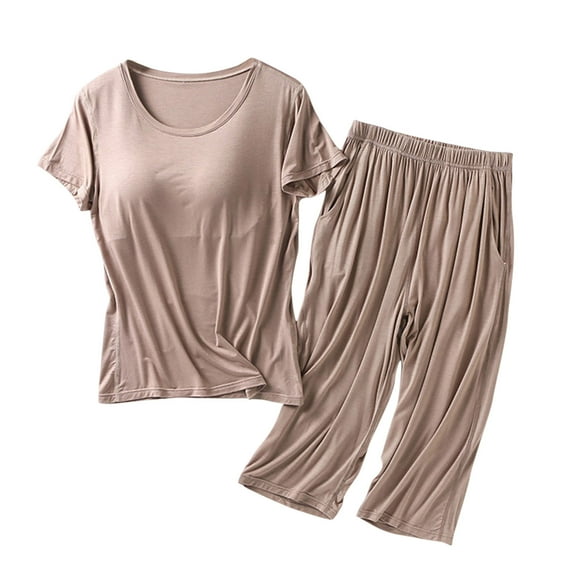 UPPADA 2 Piece Sets for Women Summer 2025 Two Piece Lounge Set Matching Vacation Casual Two Piece Outfits Dressy Tracksuits Khaki,XL