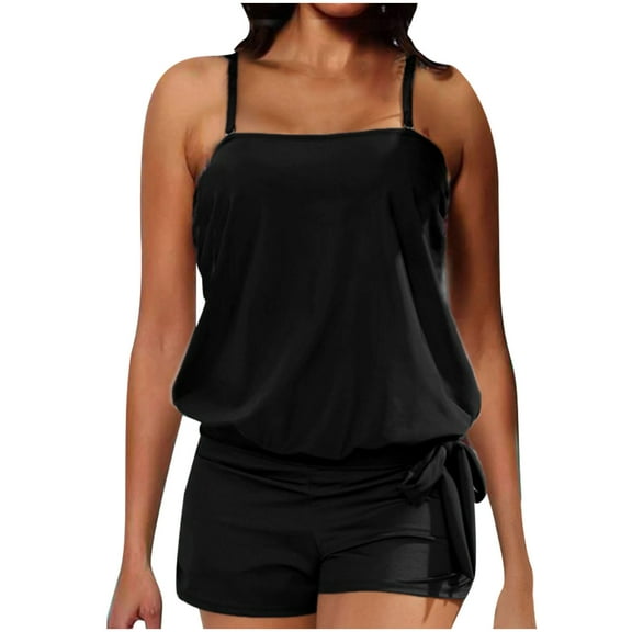 UPPADA 2 Piece Swimsuits for Women Blouson Tankini Top and Shorts Bottom Crewneck Bathing Suit Adjustable Double Shoulder Straps Tummy Control Bathing Suits with Bra on Clearance Black,XXL