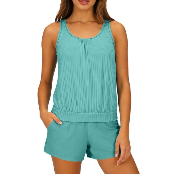 UPPADA 2 Piece Tankini Swimsuit Modest Tummy Control Swimwear Two Piece Bathing Suits Crewneck Swim Top With High Waisted Bottom Swimwear Light Blue Swimsuit,L