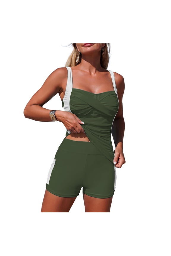 2 Piece Tankini Swimsuits for Women Ruched Tankini Swimsuit Tummy Control Two Piece Bathing Suits Twist Front Swim Dress with Bottom Army Green Swimsuit for Women,M