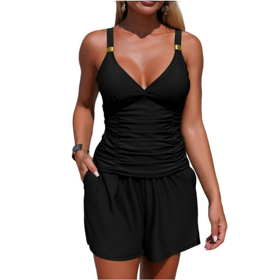 UPPADA 2 Piece Tankini Swimsuits for Women Ruched Tankini Swimsuit Tummy Control Two Piece Bathing Suits Twist Front Swim Dress with Bottom Black Swimsuit for Women,XL