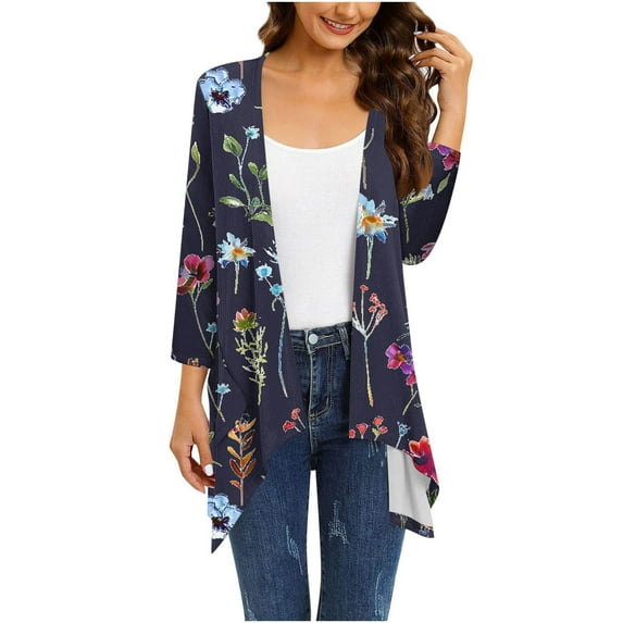 UPPADA 3/4 Length Cardigans for Women Floral Print Long Sleeve Kimono Cardigan Flowy Loose Fit Blouses Cover up Casual Blouse Tops Black,L