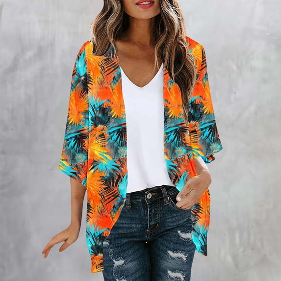 UPPADA 3/4 Length Cardigans for Women Floral Print Long Sleeve Kimono Cardigan Flowy Loose Fit Blouses Cover up Casual Blouse Tops Multicolor,XL