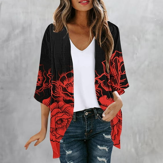 UPPADA 3/4 Length Sleeve Cardigans for Women Lightweight Dressy Floral Print Open Front Beach Cover up Casual Flowy Cute Shirts Red,XXXXXL