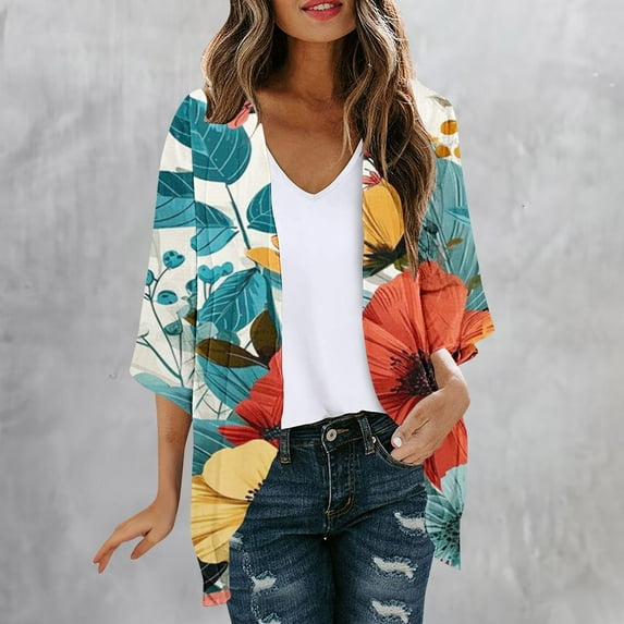UPPADA 3/4 Sleeve Cardigan for Women Dressy Lightweight Long Tee Shirts Chiffon Blouses Floral Print Kimono Cardigans Loose Cover up Summer Blouse Top Orange,L
