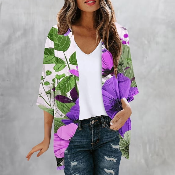 UPPADA 3/4 Sleeve Cardigan for Women Dressy Lightweight Long Tee Shirts Chiffon Blouses Floral Print Kimono Cardigans Loose Cover up Summer Blouse Top Purple,XXL