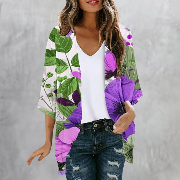 UPPADA 3/4 Sleeve Cardigan for Women Dressy Lightweight Long Tee Shirts Chiffon Blouses Floral Print Kimono Cardigans Loose Cover up Summer Blouse Top Purple,XL