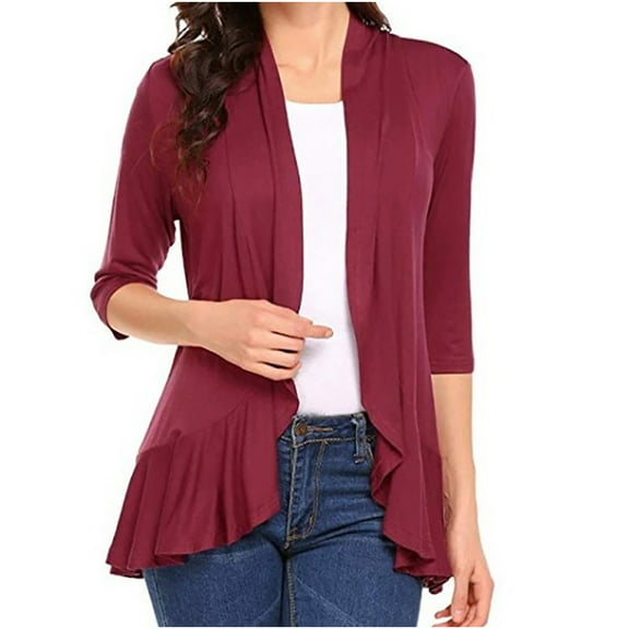 UPPADA 3/4 Sleeve Cardigan for Women Dressy Lightweight Casual Shirts Ruffle Hem Open Front Tunic Blouses Wine,L