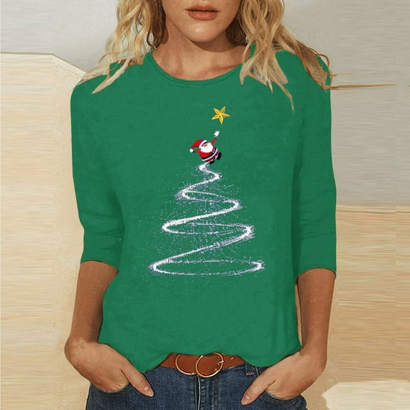 UPPADA 3/4 Sleeve Christmas Shirts for Women Christmas Tree Graphic Shirts Funny Snowflake Print Tees Dressy Christmas Shirts camiseta de navidad mujer Green,XXL