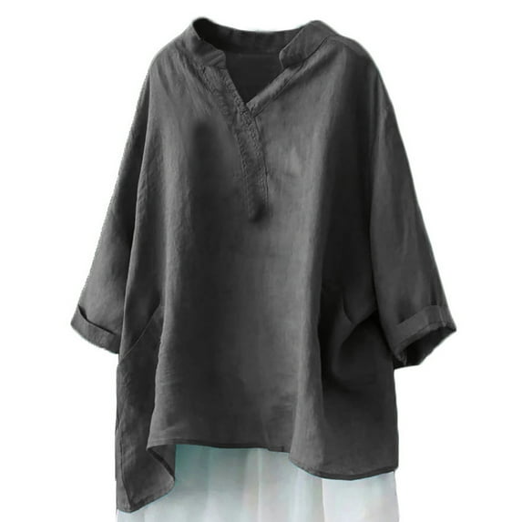 UPPADA 3/4 Sleeve Shirts for Women Summer Cotton Linen Tops Classic Solid Color Blouse Button Down Vneck Tee Shirt 2024 Top Prime Deals Day Today 2024 Clearance