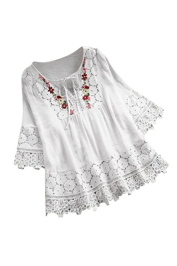 3/4 Sleeve Tops for Women Loose V Neck Summer 3/4 Sleeve T Shirts Vintage Lace Patchwork Bow Blouse Trendy Tunic