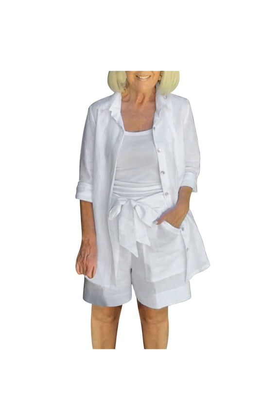 3 Piece Beach Sets for Women Dressy Outfits Sets Oversized Shirts and Loose Fit Shorts Drawstring Shorts Set Tracksuit White,XXXXL