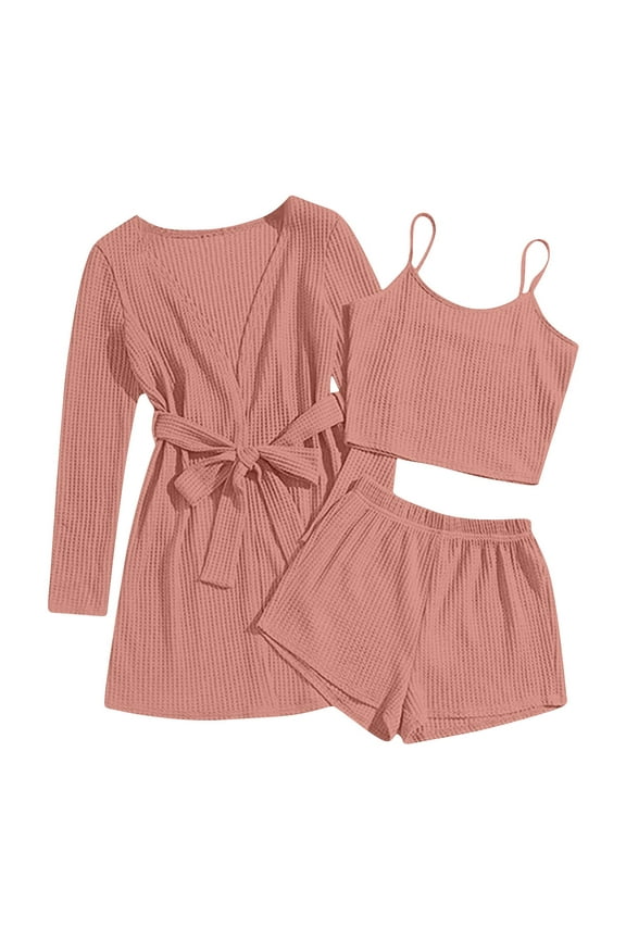 3 Piece Comfy Sets for Women Casual Short Sleeve Spaghetti Strap Tops with Shorts Loose Homewear Shirts Cute 3pc Lounge Set Pink,L
