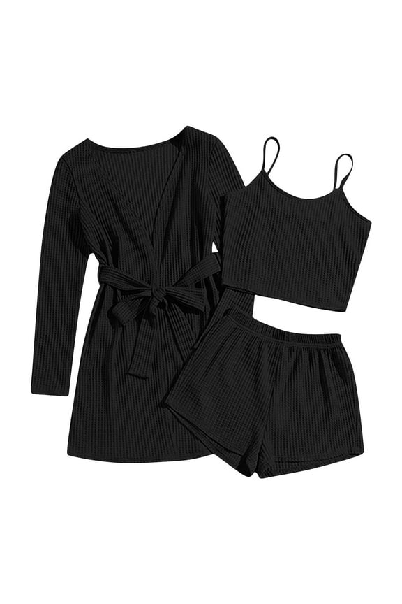 3 Piece Pajama Sets for Women Solid Silk Short Sleeve Top and Elastic Shorts with Long Stretchy Robe 3 Piece Pajamas Set Loungewear Black,S