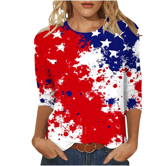 UPPADA 4th of July 3/4 Sleeve T Shirts for Women Summer American Flag Tops Patriotic Tees Independence Day Crewneck Loose Fit T-Shirt,3/4 Length Sleeve Womens Tops Cotton Red,M