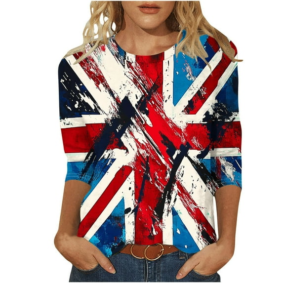 UPPADA 4th of July 3/4 Sleeve T Shirts for Women Summer American Flag Tops Patriotic Tees Independence Day Crewneck Loose Fit T-Shirt,4th of July Shirt Red,XL
