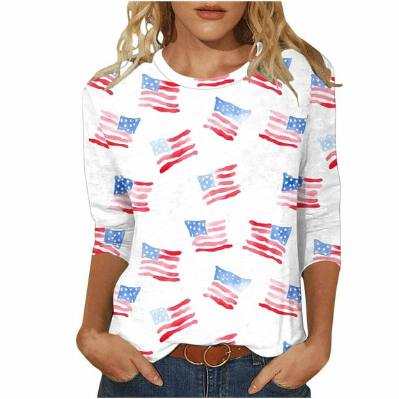 UPPADA 4th of July 3/4 Sleeve T Shirts for Women Summer American Flag Tops Patriotic Tees Independence Day Crewneck Loose Fit T-Shirt,Ladies Graphic T Shirts White,5XL
