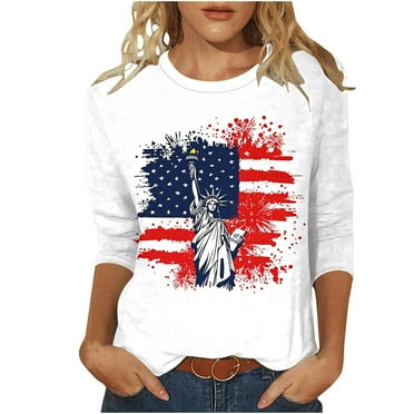 UPPADA 4th of July 3/4 Sleeve T Shirts for Women Summer American Flag Tops Patriotic Tees Independence Day Crewneck Loose Fit T-Shirt,Red Women Shirt White,L