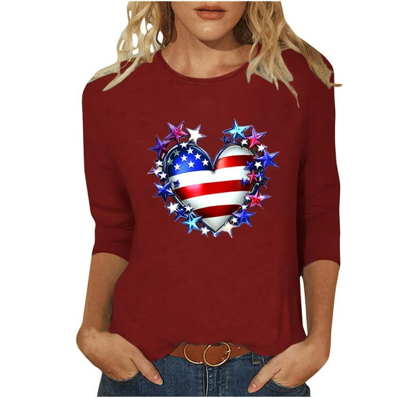 UPPADA 4th of July 3/4 Sleeve T Shirts for Women Summer American Flag Tops Patriotic Tees Independence Day Crewneck Loose Fit T-Shirt,Tshirt Women's Graphics Wine,L