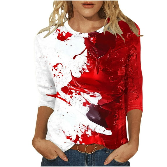UPPADA 4th of July 3/4 Sleeve T Shirts for Women Summer American Flag Tops Patriotic Tees Independence Day Crewneck Loose Fit T-Shirt,Tshirts Shirts for Women Graphic Red,4XL