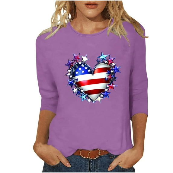 UPPADA 4th of July 3/4 Sleeve T Shirts for Women Summer American Flag Tops Patriotic Tees Independence Day Crewneck Loose Fit T-Shirt,Usa Shirt Purple,S