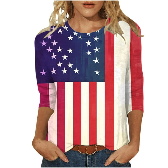 UPPADA 4th of July 3/4 Sleeve T Shirts for Women Summer American Flag Tops Patriotic Tees Independence Day Crewneck Loose Fit T-Shirt,Usa Shirts for Women Red,S