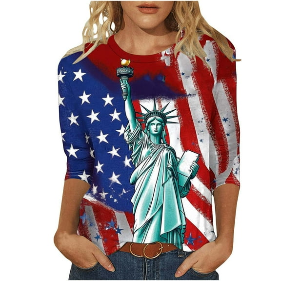 UPPADA 4th of July 3/4 Sleeve T Shirts for Women Summer American Flag Tops Patriotic Tees Independence Day Crewneck Loose Fit T-Shirt,Whit Shirts Women Red,S