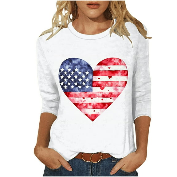 UPPADA 4th of July 3/4 Sleeve T Shirts for Women Summer American Flag Tops Patriotic Tees Independence Day Crewneck Loose Fit T-Shirt,Womens Cute Shirts White,L