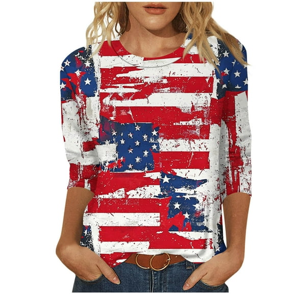 UPPADA 4th of July American Flag Shirt for Women 3/4 Sleeve Patriotic Shirt Usa Flag Star Stripes Graphic Tees Summer Crewneck Tunic Tops,Women's Tank Blue,XL